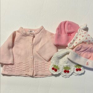 HARTSTRINGS LULLABY CLUB Newborn Cardigan Hats Pink White Preppy Ralph Lauren